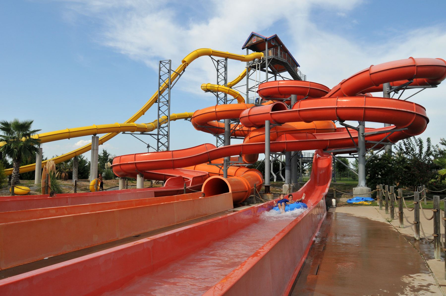 Twisting and turning waterslides at Hawaiian Waters Water Park