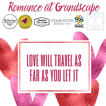 Romance at Grandscape graphic with pink hearts and text: “Love will travel as far as you let it.”